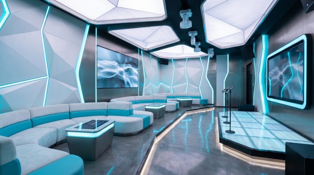 Mẫu phòng karaoke hiện đại đẹp với thiết kế công nghệ và ánh sáng thông minh