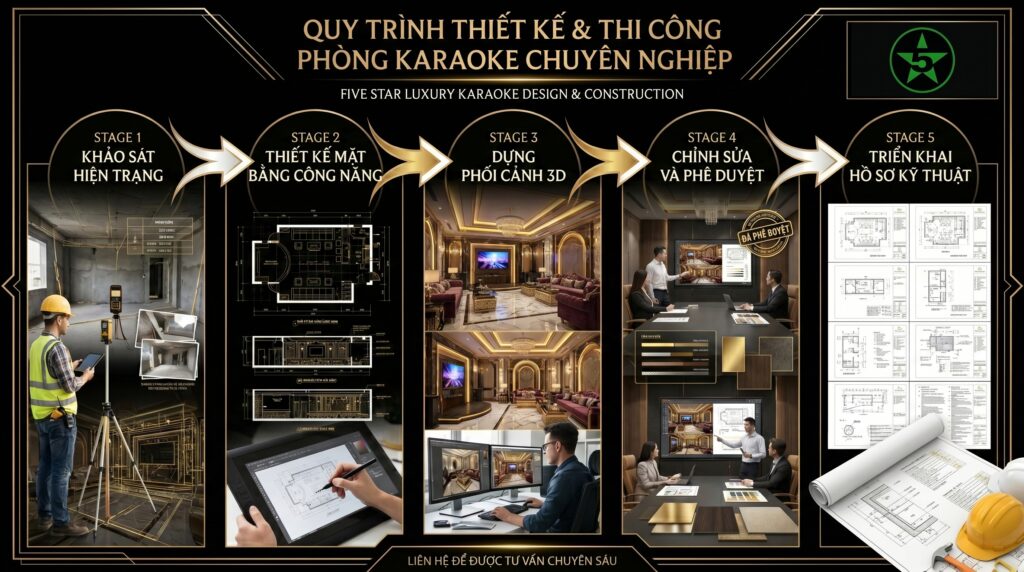 Quy trình triển khai phối cảnh 3D karaoke chuyên nghiệp từ khảo sát đến hồ sơ thi công